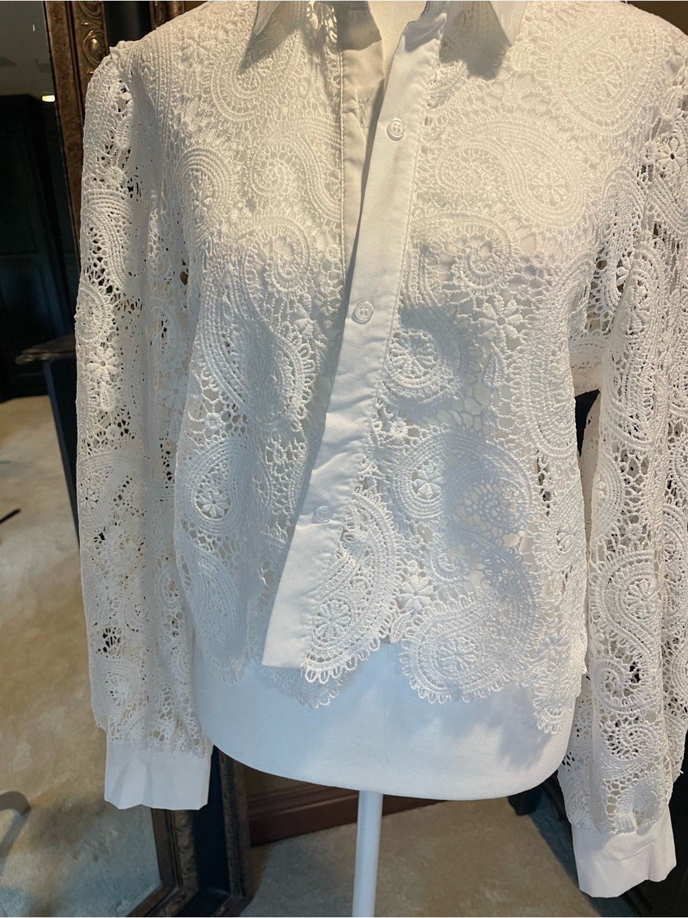 White Lace Crochet Button-Up Blouse